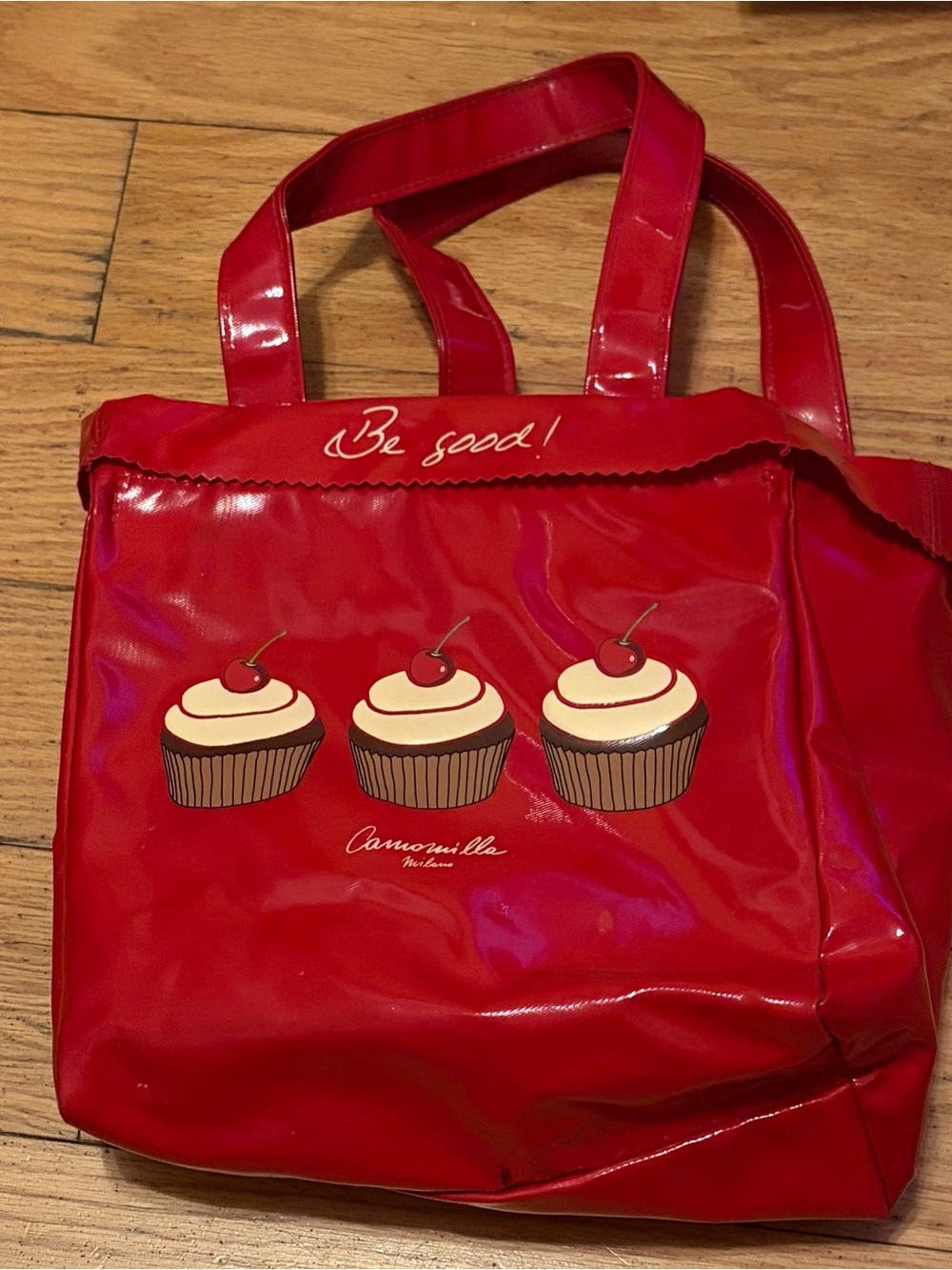Red Patent bag with Cupcake Motif Be good on front heart shape on back